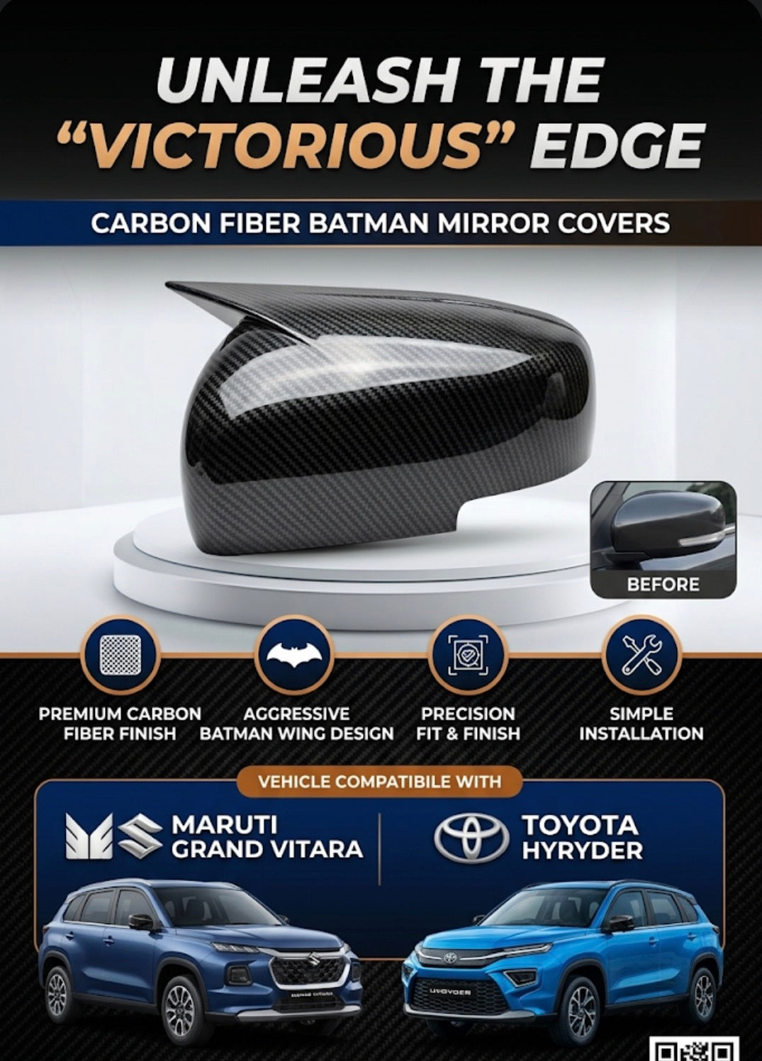 CARBON FIBER BATMAN MIRROR COVERS FOR MARUTI GRAND VITARA,VICTORIOUS,TOYOTA HYRIDER